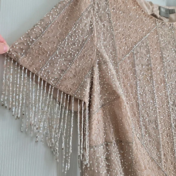 ASOS blush Nude Pink Silver Fringe Beaded Open Back Cocktail Party Mini Dress - Picture 6 of 11